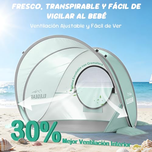 Elegear Carpa de Playa para Bebé Portátil, Pop-Up Refugio Solar con Protección Solar, UPF 50+ Protección UV Carpa de Playa para Bebé, Fácil Instalación y Ligera Tienda con Toldo para Costa,Verde Claro