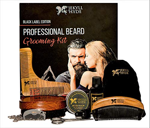 Professional Beard Grooming Kit For Men - Hand Made - Organic - Scissors - Beard Oil Leave In Conditioner - Beard Balm Wax - Beard Combs - Beard Brush - Oil For Styling and Growth