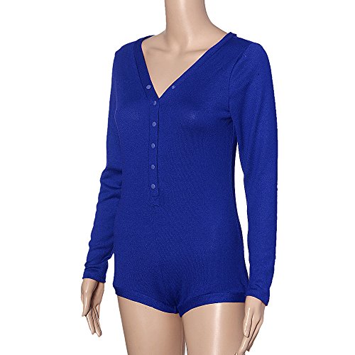 Mlide Womens Single-breasted Knit Deep V One Piece Jumpsuit,Bodysuit Stretch Long Sleeve Shorts Pants Playsuit(Blue,Small)