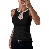 Ninimour Women Sleeveless Tank Top Rhinestone Contrast Sequin Keyhole Collar Knit Ribbed Slim Basic Top