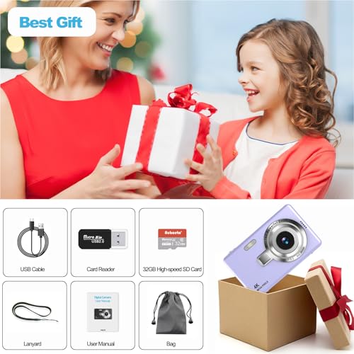 Digital Camera, 4K Autofocus 50MP Child Camera, 16X Zoom, Flash, Anti-Shake, Portable Compact Digital Cameras Small Ready to Shooter for Kids Adults Beginners