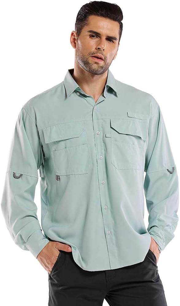 Men's UPF50+ Long Sleeve Shirt, Outdoor Sun Protection Dry Fit Cooling Hiking Fishing Shirts: Clothing