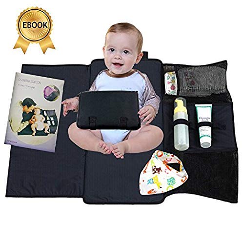 Portable Diaper Changing Mat, Travel Changing Pad and Clutch for Baby, extra long waterproof wipes, creams, diapers, changing station includes bib and parenting eBook!