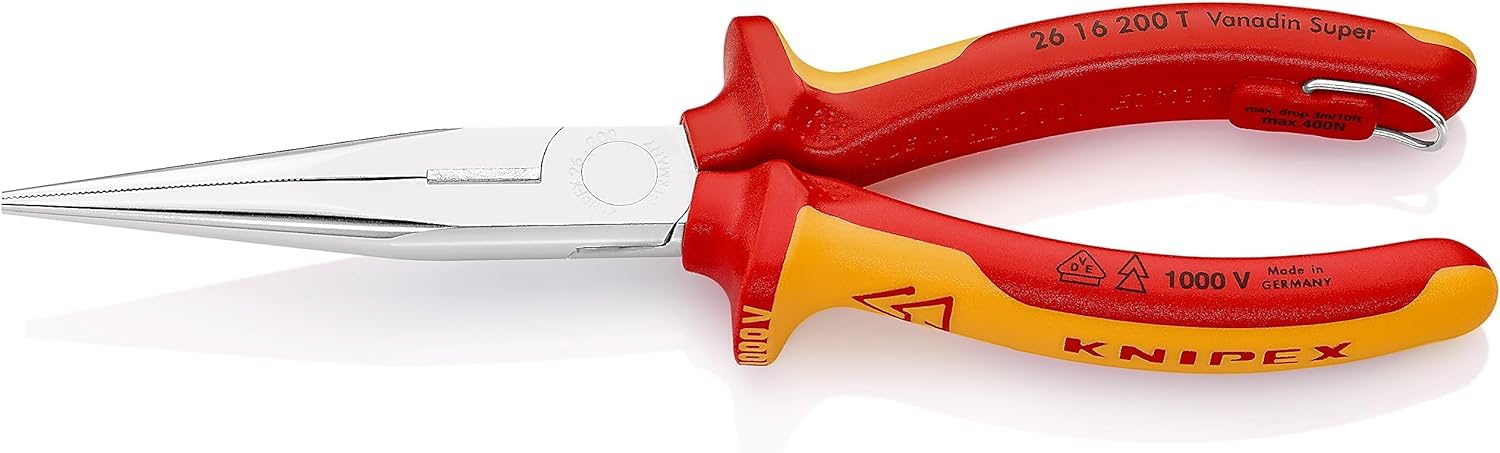 KNIPEX Snipe Nose Side Cutting Pliers (Stork Beak Pliers) Chrome-Plated Insulated with Multi-Component Grips, VDE-Tested with Integrated, 26 16 200 T