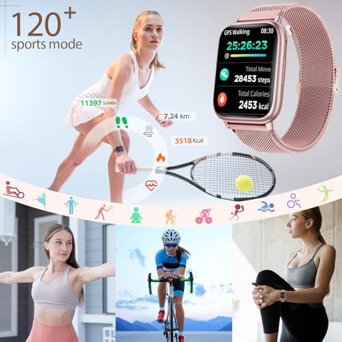 Women's Smart Watch 1.83 Inch HD Touch Screen Smartwatch with Calls Bluetooth Fitness Tracker 120+ Sports Modes Heart Rate Monitor SpO2 Blood Pressure IP68 Sleep Monitor Android iOS (Pink)