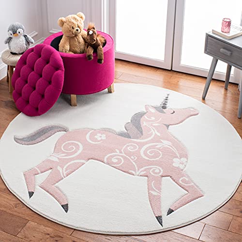 SAFAVIEH Carousel Kids Collection Area Rug - 5'3" Round, Ivory & Pink, Non-Shed…