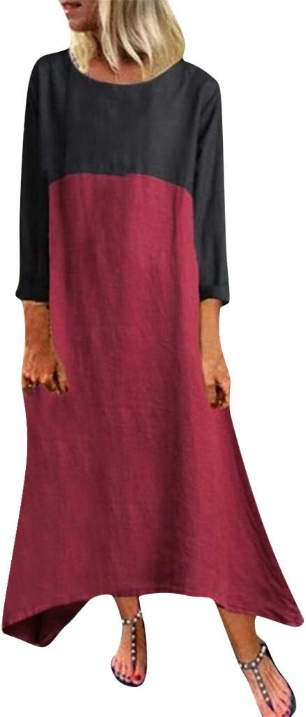 UNSKAM Womens Color Matching Print Long Dresses Round Neck Dress
