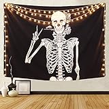 Martine Mall Rock and Roll Skull Tapestries, Funny Skull Human Skeleton Tapestry Wall Hanging for Room Decoration, Black and White Wall Art