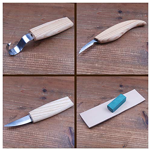 Newkiton 6Pcs Wood Carving Tools Set for Spoon Carving 3 Knives in Tool Roll Leather Strop and Polishing Compound, Hook Sloyd and Detail Knife for Woodworking Craft, Free Bonus Cut Resistant Gloves - Thumbnail 4
