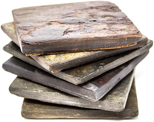 MarbleObject Square Natural Slate Coasters (Set of 6) 4"x 4" - Multicolor
