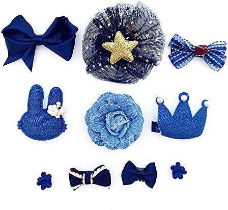 WJFASHION 10pcs Ribbon Bow Crown Flower Mixed Design Baby Girl Toddler Hair Clips Hair Accessories Barrettes in Gift Box (Blue)