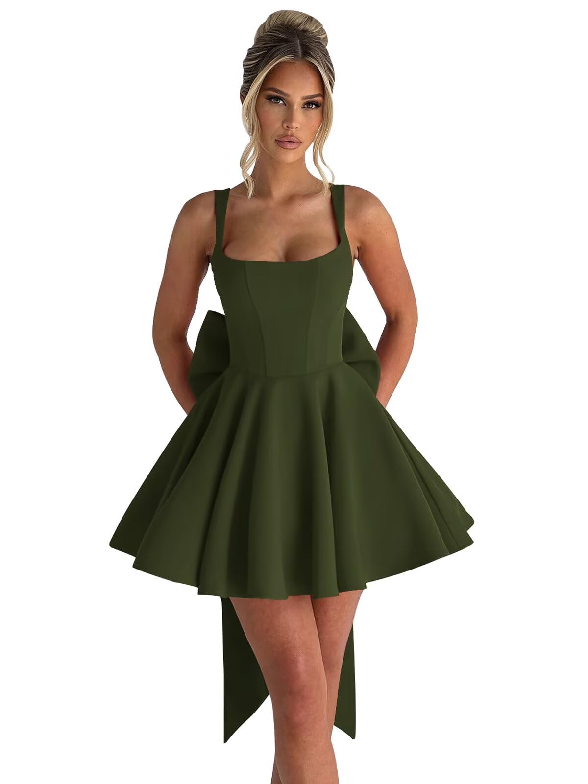 ouhati Women’s Mini Satin Olive Green Homecoming