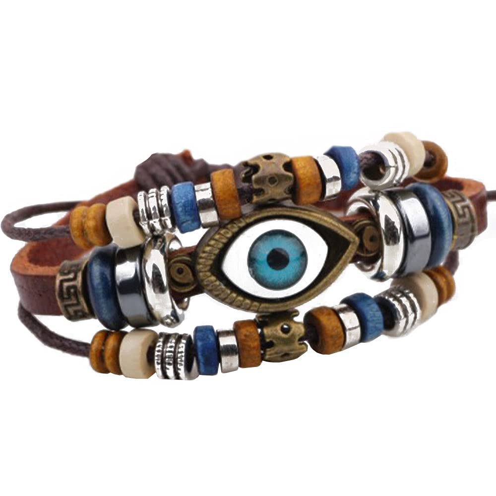MiniJewelry Evil Eye Hamsa Fatima Beads Braided Leather Bracelet for Women Men Adjustable Wrap