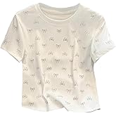 SHENHE Women's Rhinestone Bow Top Crew Neck Short Sleeve Summer Going Out Tee Shirt