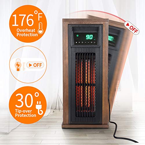 LIFE SMART Electric Infrared Quartz Oscillating Tower Heater with Adjustable Thermostat and Timer, Wood Appearance Decorative Heater with Tip-Over and Overheat Protection 1500W/1000W