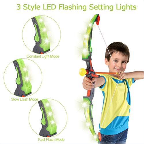 MagicWe Bow and Arrow Toy Set for Kids Archery Bow Comes with 6 Suction Cups Arrows Target with LED Flash Lights Indoor Outdoor Toys Garden Practice Hunting Series Boys Girls Age 5+ Year Green