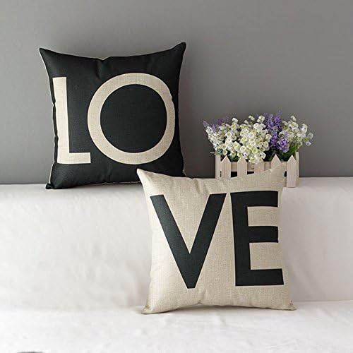 Cotton Linen Throw Pillow Cover-18 X 18" Decorative Cushion Case Couple Pillow Case, Love,Set of 2 (2, Black and White)