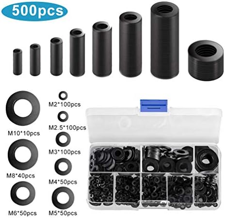 Keyobesa 500PCS Black Nylon Washer M2 M2.5 M3 M4 M5 M6 M8 M10 Washer Assortment Kit Nylon Flat Insulating Round Spacer Plastic for Home Industry Door Hinge Use