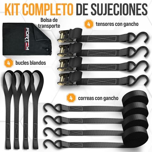 Set de Correas de Amarre con Tensor de Trinquete, Resistencia 249 kg de Carga, 748 kg al Rompimiento, 4 Ganchos de Acero Plastificado, 4 Correas de 4.5m, 4 Hebillas (Negro)