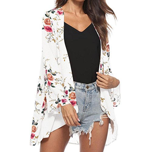 Sumen Women Floral Kimono Cardigan Chiffon Half Sleeve Shawl Loose Cardigan (S, Long Sleeve-White) - Thumbnail 3