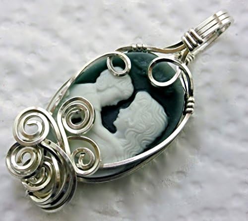 Mother Child Agate Cameo .925 Sterling Silver Pendant Fine Jewelry Green