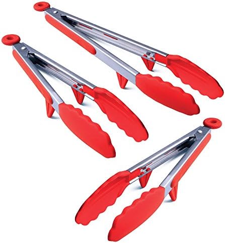NextGen Kitchen Stainless Steel Locking Tongs w Silicone Tips 3 pack (9, 12 & 14-Inch) w Stands & Comfort Grips for Serving, Cooking & BBQ Grilling