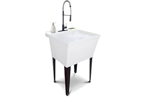 JS JACKSON SUPPLIES Utility Sink Extra-Deep Laundry Tub in White with High-Arc Coil Pull-Down Sprayer Faucet in Matte Black, Integrated Supply Lines, P-Trap Kit, Heavy Duty Floor Mounted Freestanding Wash Station
