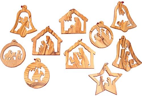 Amazon Com Zuluf 10 Pieces Christmas Tree Ornaments Set Hand Carved Bethlehem Holy Land Store Home Kitchen