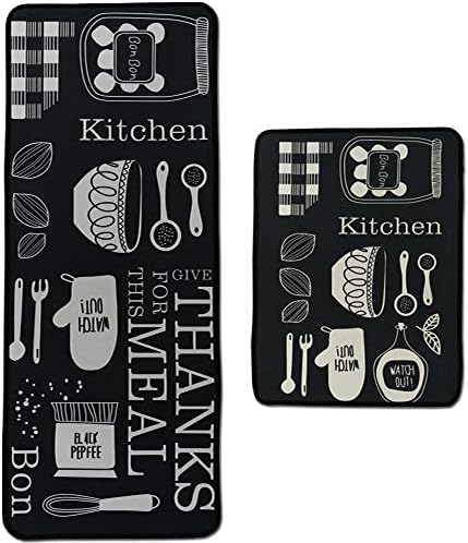 Leebei Kitchen Mats Anti-Fatigue Mat Kitchen Rugs Non-Slip Washable,Absorbent Floor Mats Doormats Area Rugs for Kitchen Bedroom Bathroom Carpet (15.7×23.6 inch +15.7×47.2 inch) (Black-Meal)