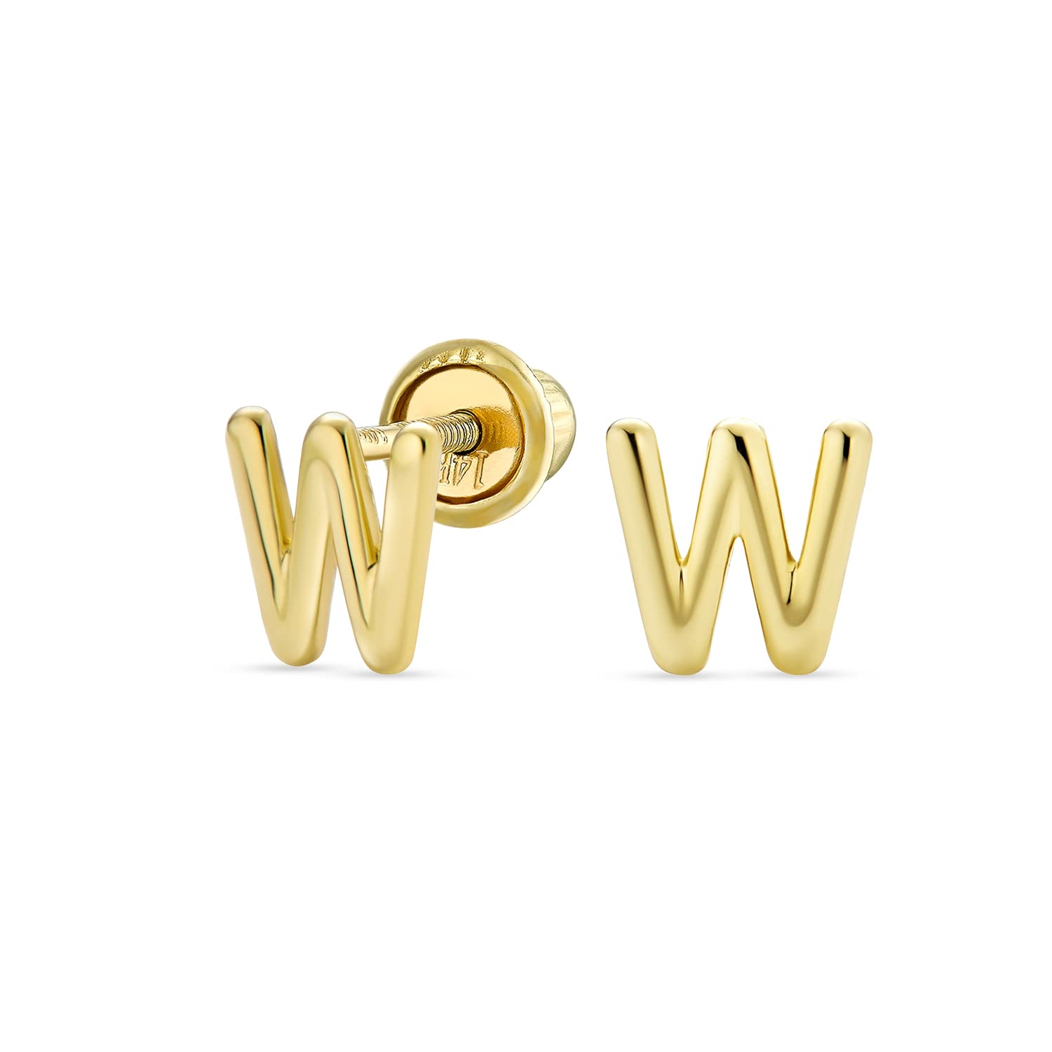 ABC Minimalist Real Yellow 14K Gold Capital Block Alphabet Letter Initial W Stud Earrings Safety Ball Screw Back For Teen For Women