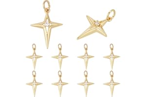 CRAFTYMELODY 10PCS Star Charms 18K Gold Plated Brass Cubic Zirconia Pendant with Stainless Steel Jump Rings Four-pointed Star