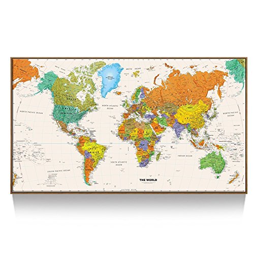 Kreative Arts Large Size World Map Wall Art - Natural Framed Art Print Picture Wall Decor Home Interior - Map Picture with Floater Frame for Office Wall Decor 55x32inch