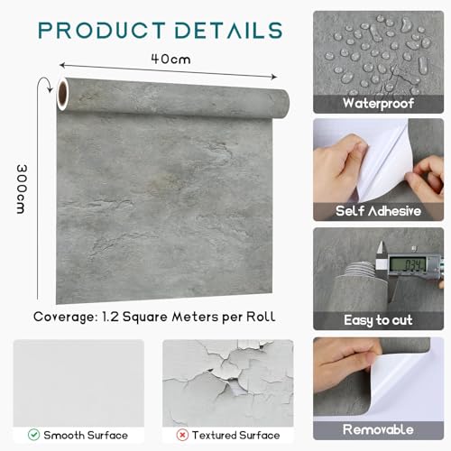 VEELIKE Grey Concrete Wallpaper Peel and Stick 15.7x118 Inches Cement Wall paper Self Adhesive Waterproof Textured Vinyl Removable Contact Paper for Kitchen Backsplash Bathroom Cabinet Wall Decor