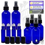 Essential Oil Bottles: 20 PC Kit for Aromatherapy. Blue and Amber Glass Empty Fine Mist Spray Bottle Set, Roller Bottles, Lavender Guide, Benefits of Essential Oils, DIY Recipes Guide.