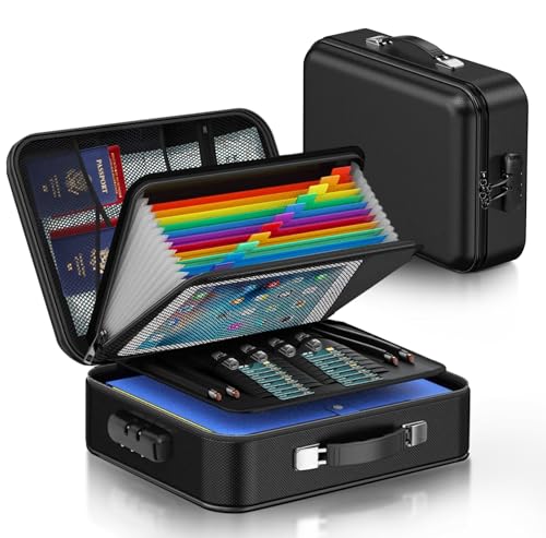 Caja Ignífuga para Documentos, Organizador de Archivos Ignífugo de Carcasa Dura con Cerradura y Carpeta Acordeón con13Bolsillos, Caja Fuerte Portátil para Hogar, Oficina y Viajes Negro