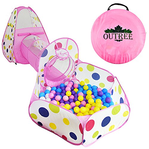 OUTREE 3Pc Pop Up Children Play Tent with 1Crawl Tunnel & 2 Tents - Kids Tents for Boys, Girls, Babies & Toddlers for Indoor & Outdoor, Pink