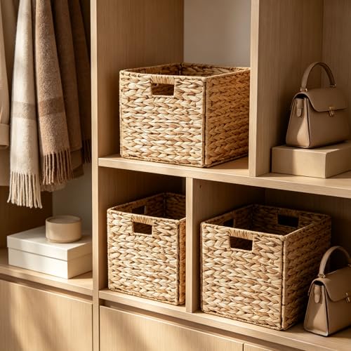 BSJIASHIWEI 2 Pack Water Hyacinth Storage Baskets, Decorative Handwoven Wicker Baskets with Handles, Foldable Organizer Baskets for Home Storage, 30cm x 30cm x 30cm