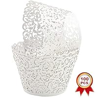 SUYEPER 100pcs Cupcake Wrappers Artistic Bake Cake Paper Cups Little Vine Lace Laser Cut Liner Baking Cup Muffin Case Trays for Wedding Party Birthday Decoration (White)