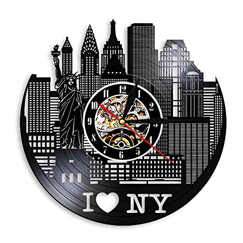 The Geeky Days New York City Vinyl Record Wall Clock NY Statue of Liberty Skyline Wall Art Modern Wall Clock USA Tourism Travel Gift Clock(Without LED)