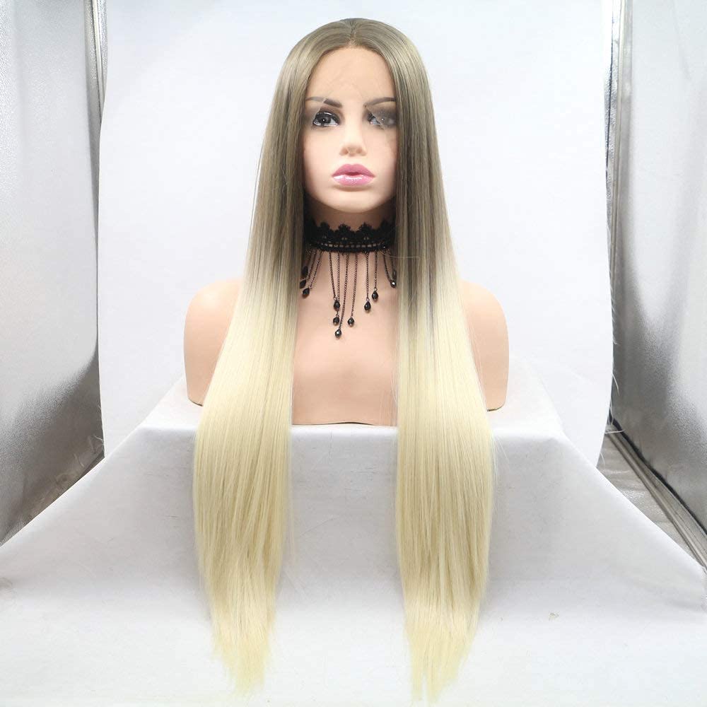 Drag Queen Wig Natural Brown Blonde Ombre Synthetic Lace Front Wigs For Women Wigs Heat Safe (24 Inch, Brown Blonde Ombre/lace front wig)