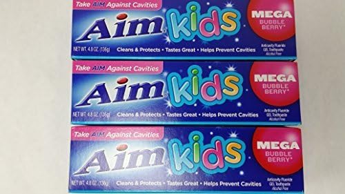 Aim Kids Mega Bubble Berry Anticavity Flouride Gel Toothpaste Alcohol Free Cleans and Protects Helps Prevent Cavities 4.8 Ounce Each by AIM Kids
