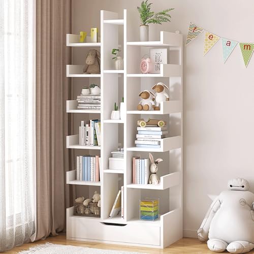 Floor Standing Tree-Shaped Bookcase for Small Space, Free Standing Open Book Shelves 18 Tier Display Storage Shelves Bookshelves, Sundries Organizer for Bedroom, Living Room,Kitchen, Office.
