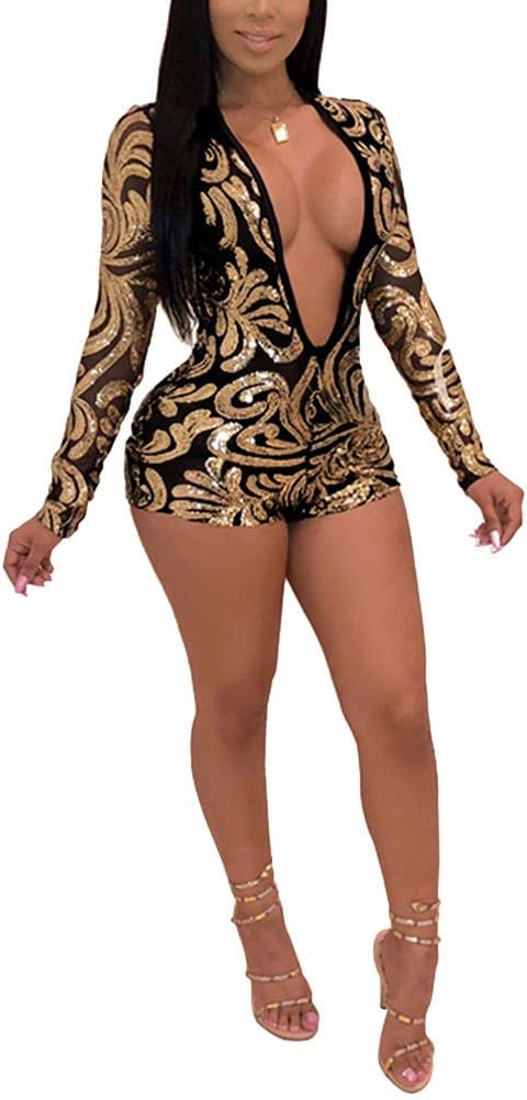 Aro Lora Women's Deep V Neck Long Sleeve Sequin Bodycon Party Jumpusit Romper Clubwear