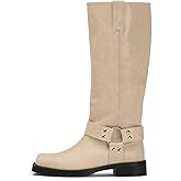 FIFSY Women's Knee High Boots Slip On Beige Riding Boots Buckle Boots for Women Sexy Squared Toe Low Chunky High Heel Tall Motorcycle Boots Women's Low Heel 1-2" Boots Dance Party Beige Booties US11