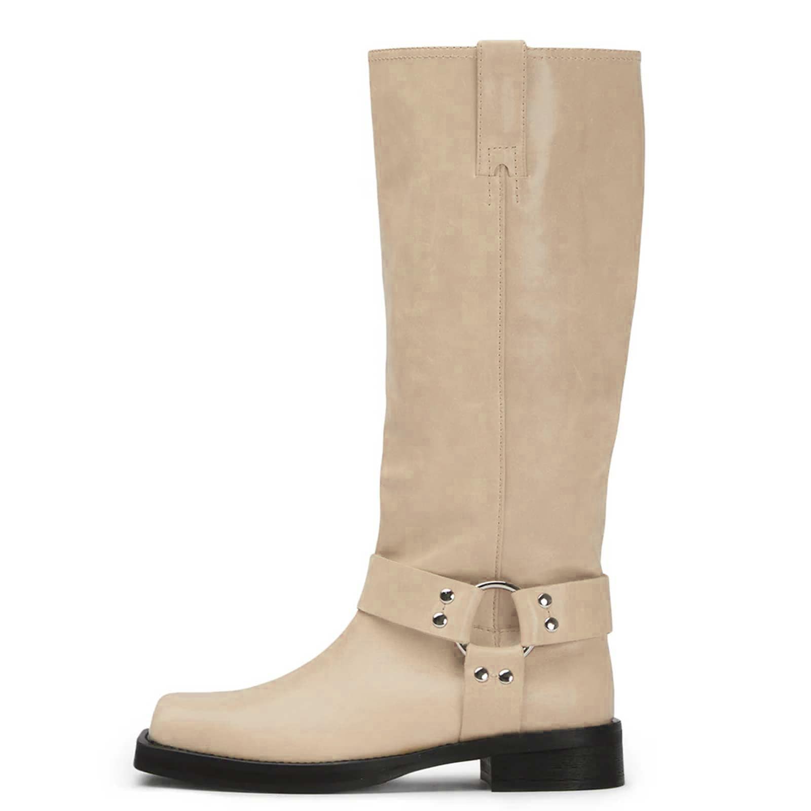 Photo 1 of FIFSY Women's Knee High Boots Slip On Black Riding Boots Buckle Boots for Women Sexy Squared Toe Low Chunky High Heel Tall Motorcycle Boots Women's Low Heel 1-2" Boots Dance Party Beige Booties US10
