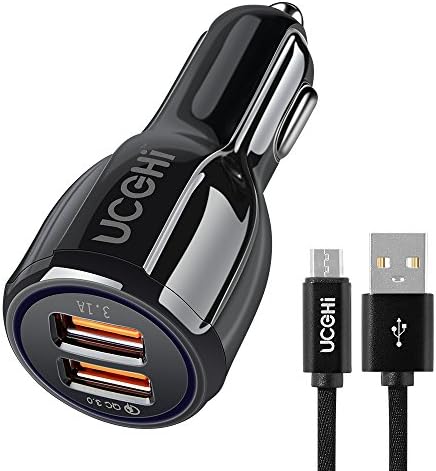 Dual USB Car Charger, UCCHI Quick Charge 3.0 Car Charger Adapter, 2 Port Car Quick Charger for iPhone X, 8 Plus, Samsung Galaxy S Series with Micro USB Data Sync Charging Cable as Bonus - Black
