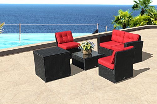 Patio Furniture Sectional Sofa 6 Piece All-Weather Black Wicker Rattan with Cushions & Glass ...