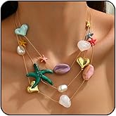 Tazimo Layered Starfish Necklaces for Women,Colorful Sea Shell Charm Necklace Statement Star Pendant Necklaces Layered Gold Necklace Beach Seashell Starfish Boho Jewelry Gifts