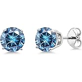 Gem Stone King 925 Sterling Silver Persian Blue Round Moissanite Stud Earrings For Women Men (2.00 Cttw, Round 6.5MM)