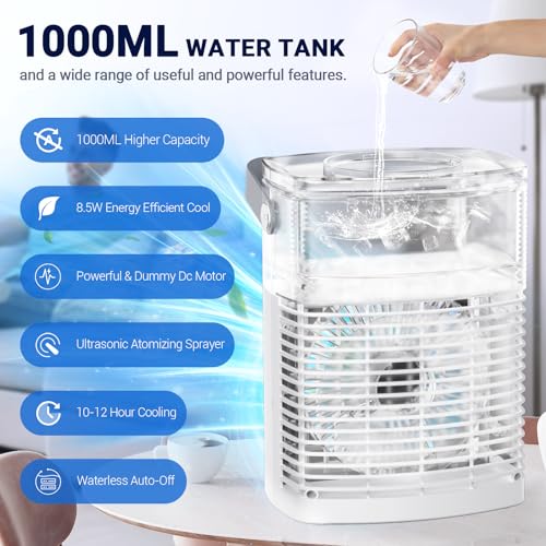 Portable Air Conditioners, New 4-in-1 Ultra-Quiet Portable AC Unit, 1000ML Water Tank Evaporative Air Cooler with 3-Cool Mist & 3-Speeds, Remote Control, 7 Color Light, 8H Timer for Bedroom,Office,Car